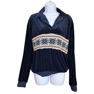 VTG 70s Probe Shirt Velvet Large Blue Knit  Mod Disco Preppy Velour Polo V Neck
